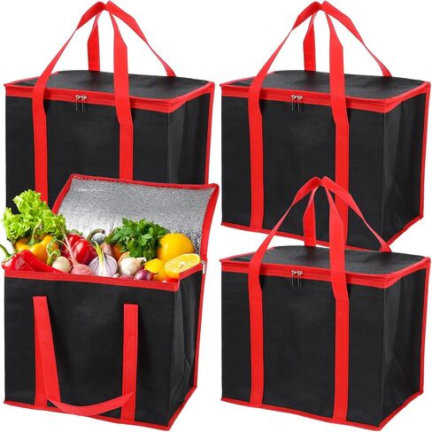 4 Pack Insulated Reusable Grocery Shopping Bags, X-Large Cooler Bag and Food Warmer, Collapsible Pizza Delivery Bags Cooler Totes with Zippered Top and Baseboard for Food Delivery, Heavy Duty in Saudi Arabia