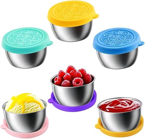 6pcs 1.6oz من أكواب الصوآل المصنوعة من الفولاذ المقاوم للصدأ مع أغطية مقاومة للتسرب - مثالية للسلطات والانخفاضات والصلصات. تصميم محمول مثالي للنزهات والسفر وإعداد الوجبات. قابل لإعادة الاستخدام وسهلة التنظيف in Saudi Arabia