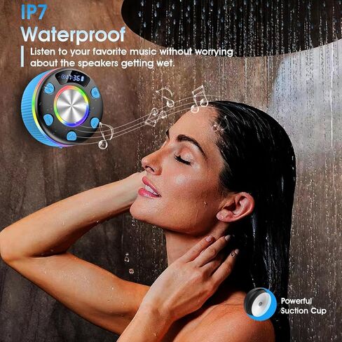 مكبر صوت Bluetooth دش ، Bluetooth 5.3 مكبرات صوت محمولة لاسلكية مع عرض الوقت ، مكبرات صوت مقاومة للماء IP7 مع ضوء RGB ، كوب شفط ، مكبر صوت استريو صغير لحمام الحمام في الهواء الطلق ، رمادي in Kuwait