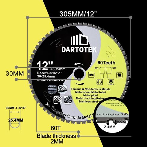 12"/305mm Metal Cutting Disc,Circular Saw Blade 60T,TCT Cut Off Wheel for Steel, Stainless Steel, Ferrous Steel Pipe with 30 Arbor in Saudi Arabia
