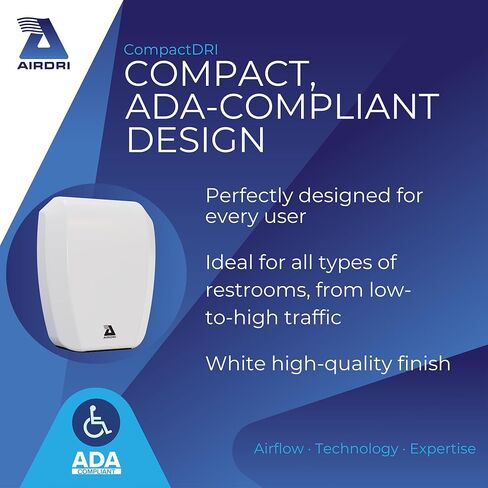 CompactDRI Automatic Hand Dryer - 1.0kW Low Noise Motor - 15-Second Dry Time - 70dBa Noise Output - ADA Compliant - Ideal for Commercial Spaces and Public Facilities - White in Kuwait