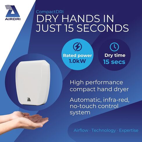 CompactDRI Automatic Hand Dryer - 1.0kW Low Noise Motor - 15-Second Dry Time - 70dBa Noise Output - ADA Compliant - Ideal for Commercial Spaces and Public Facilities - White in Kuwait