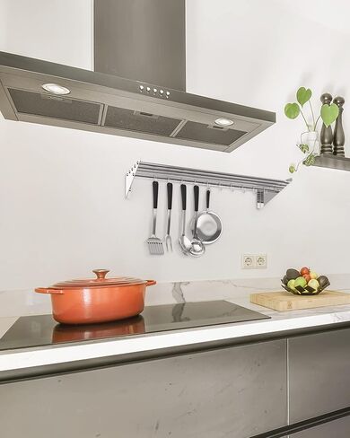 رف المطبخ للتخزين 48 "× 12" رف الجدار مع 10 خطافات معلقة من الفولاذ المقاوم للصدأ رف الحائط مثبتة على الجدار معلقة ورفوف منظم عموم مع الحراس الجانبي للمنزل والمطعم in Kuwait