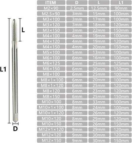 Drill Tap Bit Set, Long Shank Thread Tap M2.5-M8 Screw Taps 90-150 mm Straight Flute Screw Metalworking Tools in Saudi Arabia