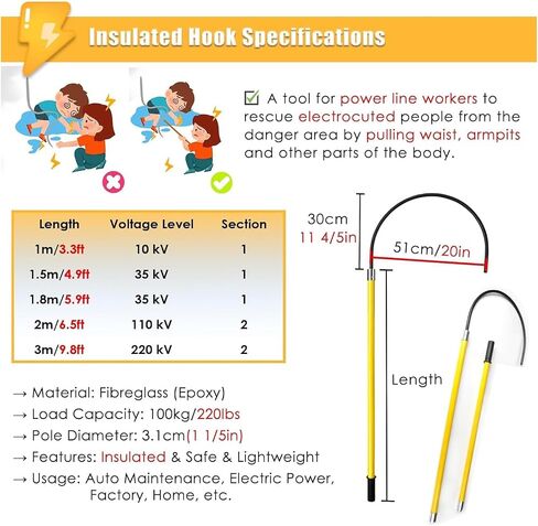 High Voltage Emergency Rescue Sticks, Lightweight Body Rescue Hook 6 FT Insulated 3 5 10ft Long, 10kV 35kV 110kV 220kV Commercial Anti-electrocution Lifeguard Rod Kit(Size:1.8m/5.9ft,Color:yellow) in Saudi Arabia