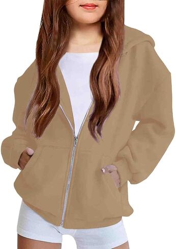 Teen Girls Cute Fleece Hoodies Jacket Basic Solid Color Zip up Sweatshirts Kids Fall Winter Casual Loose Fit Daily Outfits in Saudi Arabia