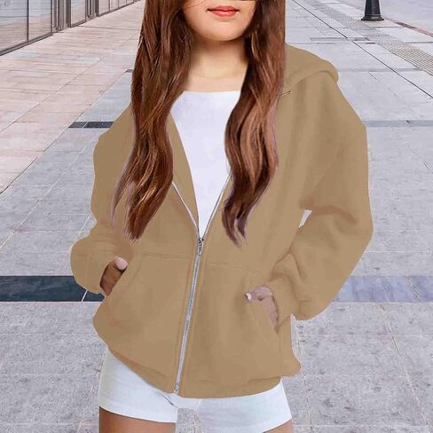 Teen Girls Cute Fleece Hoodies Jacket Basic Solid Color Zip up Sweatshirts Kids Fall Winter Casual Loose Fit Daily Outfits in Saudi Arabia
