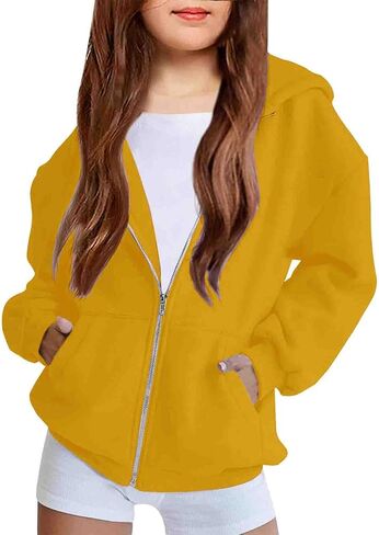 Teen Girls Cute Fleece Hoodies Jacket Basic Solid Color Zip up Sweatshirts Kids Fall Winter Casual Loose Fit Daily Outfits in Saudi Arabia