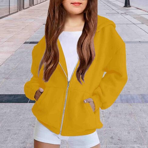 Teen Girls Cute Fleece Hoodies Jacket Basic Solid Color Zip up Sweatshirts Kids Fall Winter Casual Loose Fit Daily Outfits in Saudi Arabia