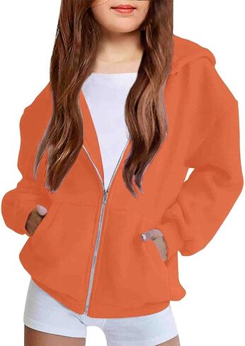 Teen Girls Cute Fleece Hoodies Jacket Basic Solid Color Zip up Sweatshirts Kids Fall Winter Casual Loose Fit Daily Outfits in Saudi Arabia