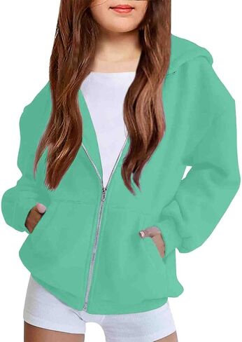 Teen Girls Cute Fleece Hoodies Jacket Basic Solid Color Zip up Sweatshirts Kids Fall Winter Casual Loose Fit Daily Outfits in Saudi Arabia