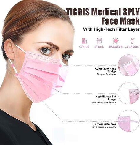 50pcs tigris المستوى 3 قناع الوجه الإيرلووب من قبل Vastmed | 4.0g 3-ply فردي التفاف غير منسوج القناع الداخلي الاستخدام في الهواء الطلق ، قناع الوجه الوردي in Kuwait