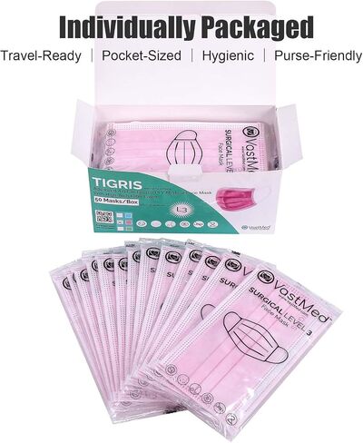 50pcs tigris المستوى 3 قناع الوجه الإيرلووب من قبل Vastmed | 4.0g 3-ply فردي التفاف غير منسوج القناع الداخلي الاستخدام في الهواء الطلق ، قناع الوجه الوردي in Kuwait
