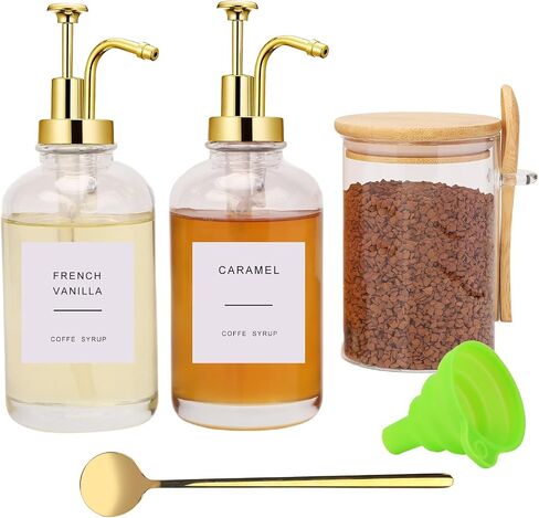 Coffee Bar Accessories, Coffee Syrup Dispenser-2 Pcs16.9 oz, Syrup Pump Dispenser for Coffee Bar, with Glass Bamboo Lid Jar with Spoon, Gold Pump Syrup Dispenser with Labels in Saudi Arabia