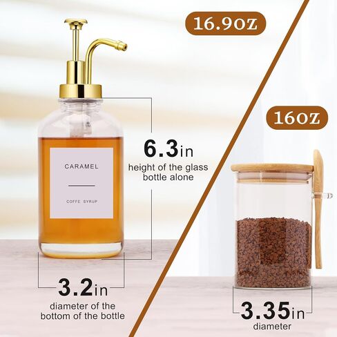Coffee Bar Accessories, Coffee Syrup Dispenser-2 Pcs16.9 oz, Syrup Pump Dispenser for Coffee Bar, with Glass Bamboo Lid Jar with Spoon, Gold Pump Syrup Dispenser with Labels in Saudi Arabia
