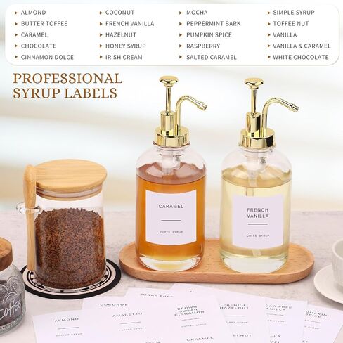 Coffee Bar Accessories, Coffee Syrup Dispenser-2 Pcs16.9 oz, Syrup Pump Dispenser for Coffee Bar, with Glass Bamboo Lid Jar with Spoon, Gold Pump Syrup Dispenser with Labels in Saudi Arabia
