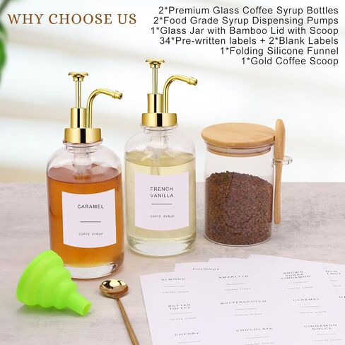 Coffee Bar Accessories, Coffee Syrup Dispenser-2 Pcs16.9 oz, Syrup Pump Dispenser for Coffee Bar, with Glass Bamboo Lid Jar with Spoon, Gold Pump Syrup Dispenser with Labels in Saudi Arabia