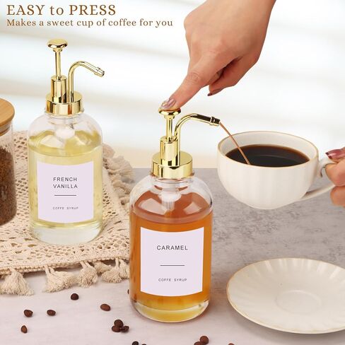 Coffee Bar Accessories, Coffee Syrup Dispenser-2 Pcs16.9 oz, Syrup Pump Dispenser for Coffee Bar, with Glass Bamboo Lid Jar with Spoon, Gold Pump Syrup Dispenser with Labels in Saudi Arabia