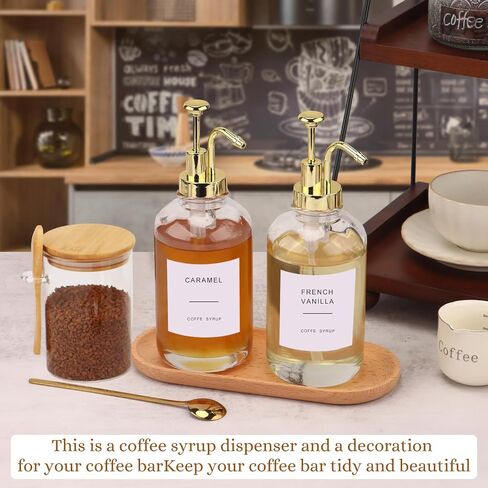 Coffee Bar Accessories, Coffee Syrup Dispenser-2 Pcs16.9 oz, Syrup Pump Dispenser for Coffee Bar, with Glass Bamboo Lid Jar with Spoon, Gold Pump Syrup Dispenser with Labels in Saudi Arabia