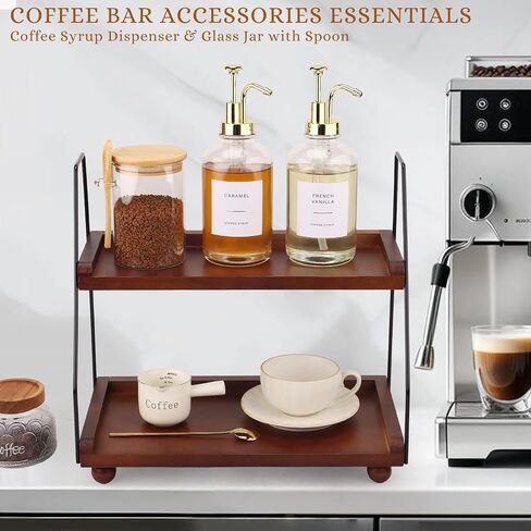 Coffee Bar Accessories, Coffee Syrup Dispenser-2 Pcs16.9 oz, Syrup Pump Dispenser for Coffee Bar, with Glass Bamboo Lid Jar with Spoon, Gold Pump Syrup Dispenser with Labels in Saudi Arabia