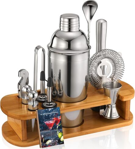 Cocktail Shaker Set Bartender Kit: 13-Pcs Bar Tools Set with Bamboo Stand, Essential Bar Accessories for Home: 25oz Martini Shaker, Jigger, Bar Spoon, Professional Cocktails Kit for Drink Mixing |Gift in Saudi Arabia
