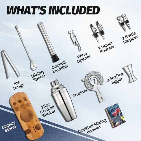 Cocktail Shaker Set Bartender Kit: 13-Pcs Bar Tools Set with Bamboo Stand, Essential Bar Accessories for Home: 25oz Martini Shaker, Jigger, Bar Spoon, Professional Cocktails Kit for Drink Mixing |Gift in Saudi Arabia