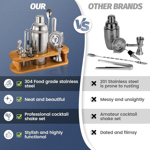 Cocktail Shaker Set Bartender Kit: 13-Pcs Bar Tools Set with Bamboo Stand, Essential Bar Accessories for Home: 25oz Martini Shaker, Jigger, Bar Spoon, Professional Cocktails Kit for Drink Mixing |Gift in Saudi Arabia