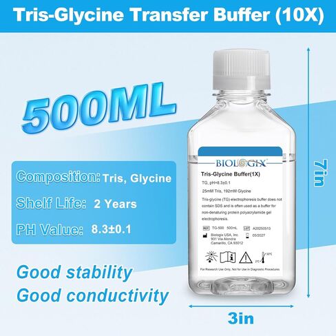 TG electrophoresis Buffer (10x) ، Tris-glycine Transfer Buffer للبقع الغربية والمواد الهلامية الأصلية ، الرقم الهيدروجيني 8.3 ، 500 مل/زجاجة ، زجاجة واحدة in Kuwait