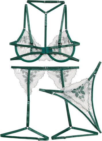 Lilosy مثير المختنق الأزهار الدانتيل Underwire رفع الرباط حزام الملابس الداخلية مجموعة للنساء حمالة صدر شفافة واللباس الداخلي 3 قطعة in Kuwait