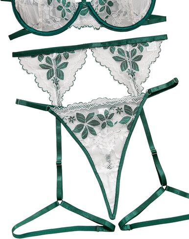 Lilosy مثير المختنق الأزهار الدانتيل Underwire رفع الرباط حزام الملابس الداخلية مجموعة للنساء حمالة صدر شفافة واللباس الداخلي 3 قطعة in Kuwait