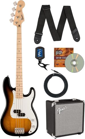Fender Squier Sonic Precision Bass Guitar - حزمة ألوان Sunburst مع رومبل 15 مضخم صوت ، كابل ، موالف ، حزام ، و Austin Bazaar التعليمي DVD in Saudi Arabia