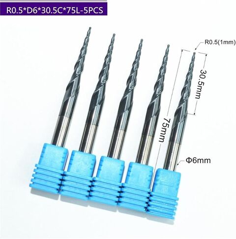 5pcs-r0.5*D6*30.5*75L ، HRC55 TUNGSTEN CARBIDE TIALN المطلي بالمطاحن المغطاة بالمفبعة المغطاة ، بتات وقطع مخروطية ، بتات خشبية in Saudi Arabia
