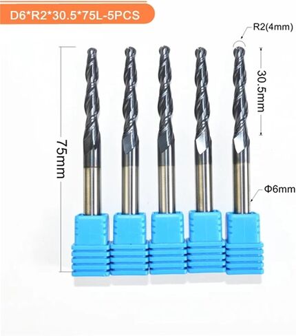 5PCS,R2.0*D6*30.5 * 75L,HRC55 Tungsten Solid Carbide TiALN Coated Taper Ball Nose End Mill,Taper and Cone Bit,Wood in Saudi Arabia