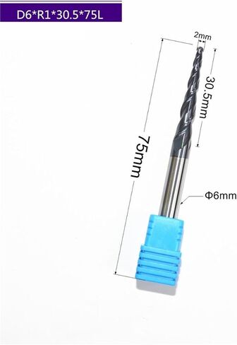 HRC55 Solid Carbide D6*R1*30.5 * 75L TiALN Coated Taper Ball Nose End Mill,Cone milling Cutter,Spherical Woodworking Router bit(1PCS) in Saudi Arabia