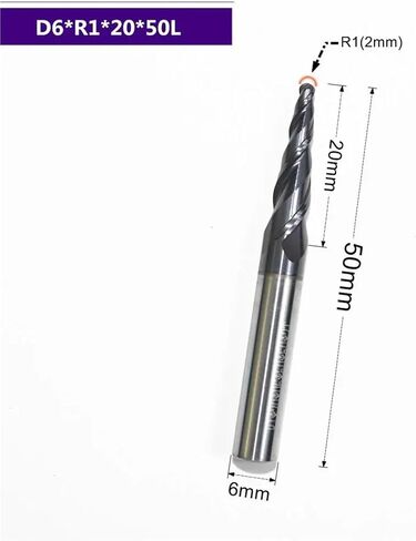HRC55 CARBIDE الصلبة D6*R1*20*50L TiAln مطحنة أنف أنف مفترس ، مخروط مخروط ، بتات الخشب الكروية (5pcs) in Saudi Arabia