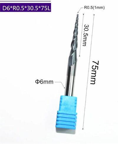 HRC55 CARBIDE الصلبة D6 * R0.5 * 30.5 * 75L TiAln مطحنة الكرة المغلقة المغلفة ، مخروط طحن ، بتات خشبية كروي (1PCS) in Saudi Arabia