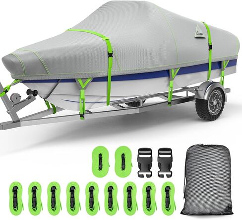 UIRWAY Trailerable Boat Cover, Heavy Duty 1200D Canvas Boat Covers with Reflective Strips, Bass Boat Covers for Trailering & Mooring, Fits V-Hull Fishing Runabout, Length: 14'-16' Beam Width up to 68" in Saudi Arabia