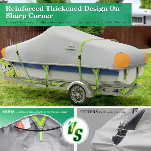 UIRWAY Trailerable Boat Cover, Heavy Duty 1200D Canvas Boat Covers with Reflective Strips, Bass Boat Covers for Trailering & Mooring, Fits V-Hull Fishing Runabout, Length: 14'-16' Beam Width up to 68" in Saudi Arabia
