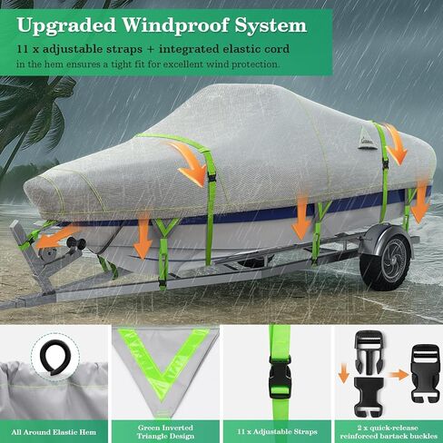 UIRWAY Trailerable Boat Cover, Heavy Duty 1200D Canvas Boat Covers with Reflective Strips, Bass Boat Covers for Trailering & Mooring, Fits V-Hull Fishing Runabout, Length: 14'-16' Beam Width up to 68" in Saudi Arabia