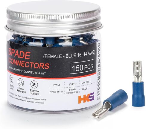 HKS 150PCS/75Pairs Blue Male & Female Vinyl Insulated Spade Connectors, 16-14 AWG (1.5-2.0 mm²) Quick Disconnect Terminals, 4.8 mm (3/16") PVC-Sleeved Tinned Brass Wire Connectors Kit in Saudi Arabia
