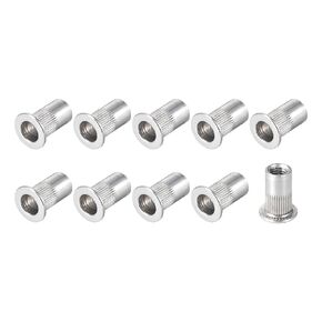 Rivet Nuts (#10-32) 25Pcs, Aluminum Alloy Flat Head Knurled Threaded Insert Nuts, Silver Tone