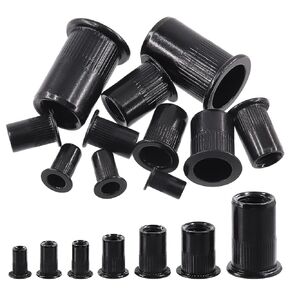 Swpeet 100Pcs Carbon Steel Rivet Nuts Kit, Metric M4 Rivnuts Nut Sert Kits, Black Zinc Plated Carbon Steel Rivet Nut Inserts Nutserts Kit, Flat Head Threaded Insert Nut Assort