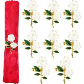 Flower Napkin Rings Set of 8 White Rose Napkin Rings Holder for Summer Wedding Bridal Baby Shower Birthday Party Home Table Decoration (Rose-White 8)