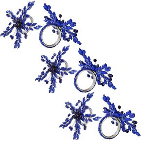 Napkin Rings Set of 6 for Dining Table Decoration Parties Everyday Metal Napkin Holder Leaf Blue (Pack of 6)
