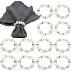 12 PCS Pearl Napkin Rings Silver Napkin Ring Holder, Rhinestone Serviette Rings Buckle Spring Beaded Napkin Rings for Formal Wedding Home Dinner Party Supplies Table Decor Banquet