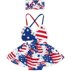 فستان الرابع من يوليو لحديثي الولادة، ملابس للفتيات الصغيرات، فستان طويل بعلم أمريكي، ملابس بنجوم وخطوط، طقم مكون من قطعتين in Kuwait