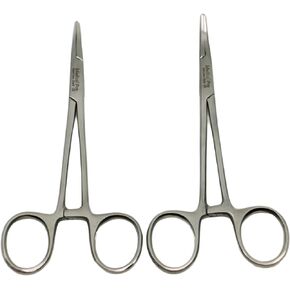 MMD 2 Piece Curved & Straight 5"" Hemostat Set, Stainless Steel Locking Tweezer Clamps - Ideal Hemostats for Nurses, Fishing Forceps, Crafts and Hobby (Silver)