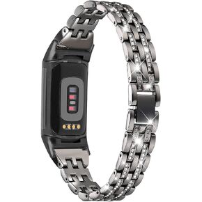 Bling Bands Compatible with Fitbit Charge 6/Charge 5, Metal Bracelet Luxurious Rhinestone Replacement Wristband for Women, Silver Black Gold