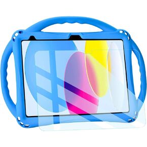 TopEsct Kids Case for iPad 10th Generation 10.9 inch 2022 with Tempered Glass Screen Protector, Silicone Shockproof iPad 10 Gen Case Comes with Strap(Blue)