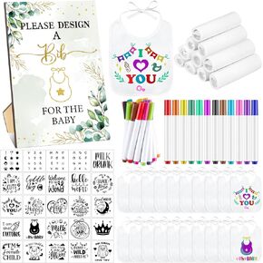 100 Pcs DIY Baby Bibs Decor Kit 50 Bibs 25 Stencils 24 Markers 1 Sign Baby Shower Game Gifts for Gender Reveal Party